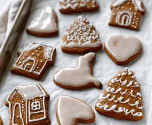 Delicious cinnamon iced gingerbread cookies with festive decoration and sugary glaze.