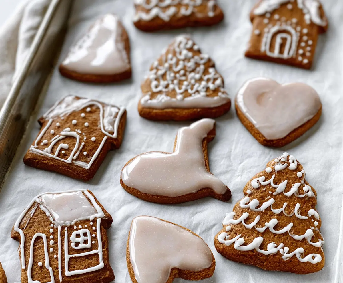 Delicious cinnamon iced gingerbread cookies with festive decoration and sugary glaze.