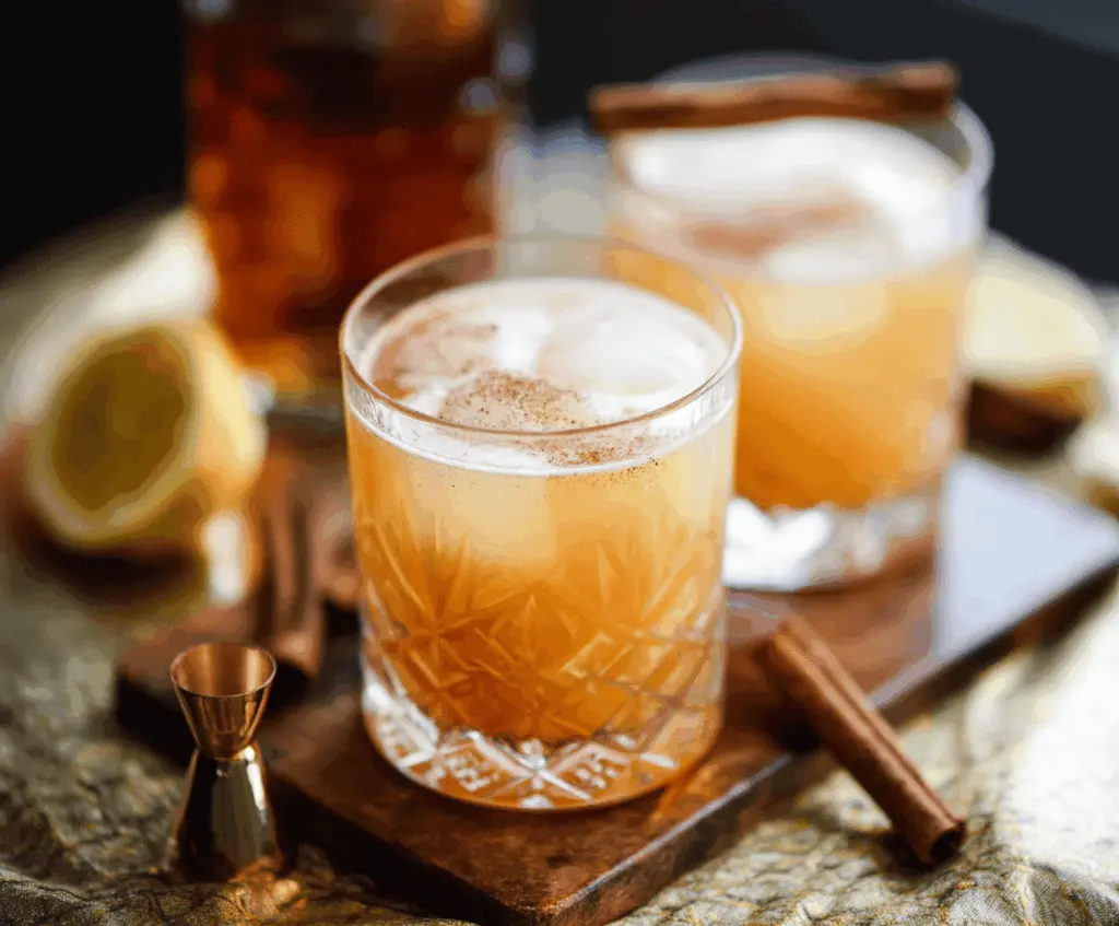 A refreshing Cinnamon Maple Whiskey Sour cocktail garnished with cinnamon stick and lime wedge.