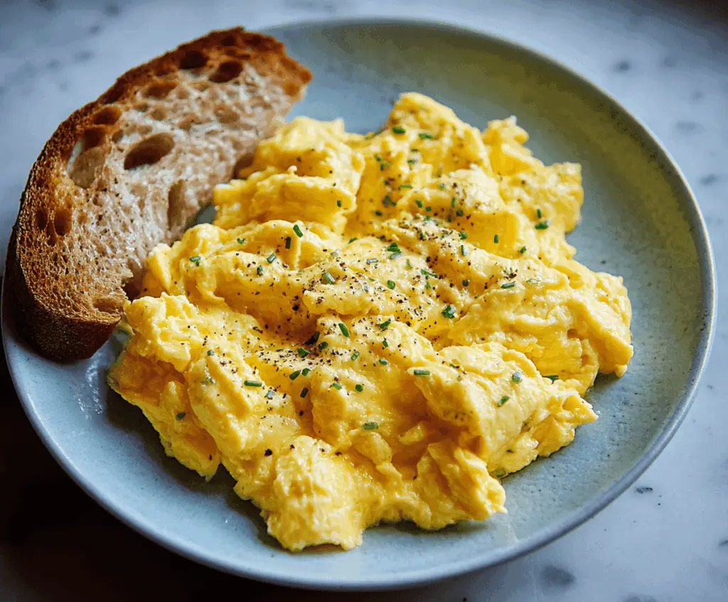 Delicious classic scrambled eggs served on a plate with fresh herbs.