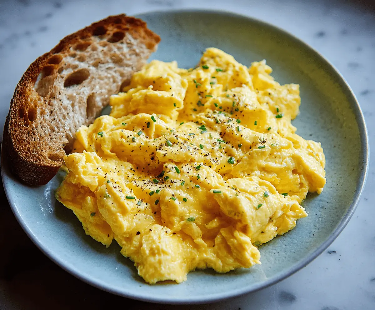 Delicious classic scrambled eggs served on a plate with fresh herbs.