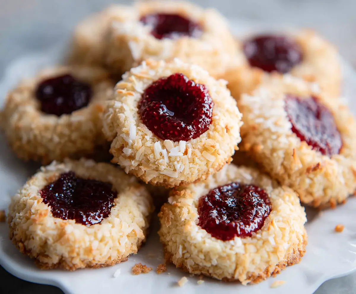 Delicious coconut raspberry thumbprint cookies on a plate, showcasing a coconut-flavored cookie with a raspberry jam center.