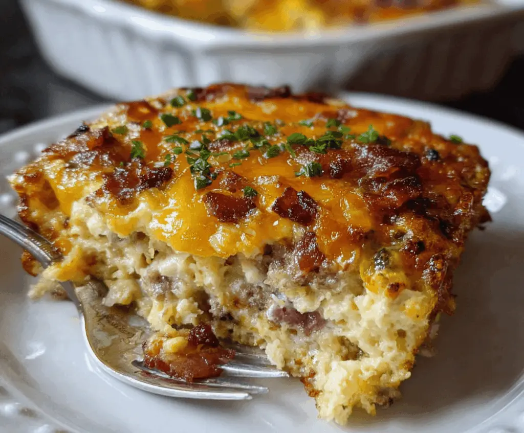 Delicious Crack Breakfast Casserole with eggs, cheese, and breakfast meats in a baking dish.