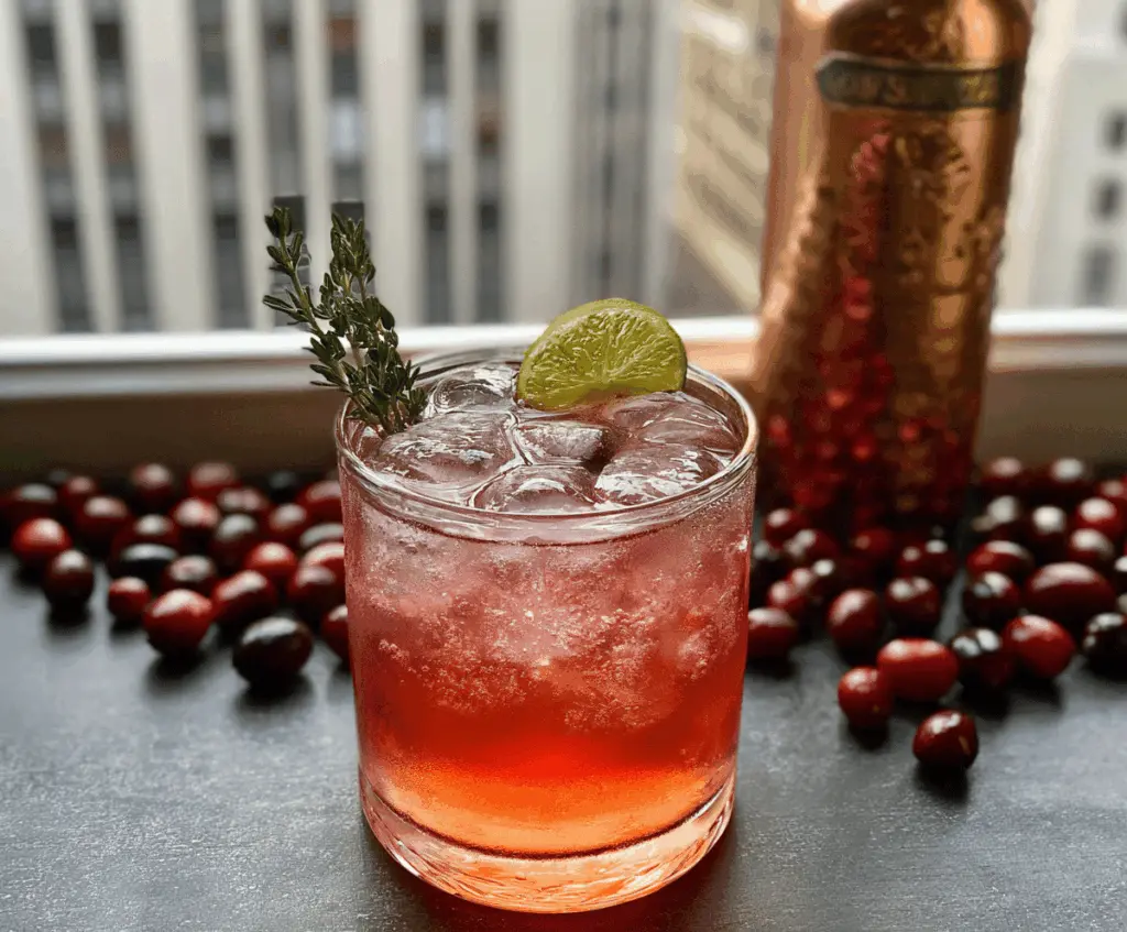Refreshing Cranberry Bourbon Mule cocktail served with fresh cranberries and mint garnish.