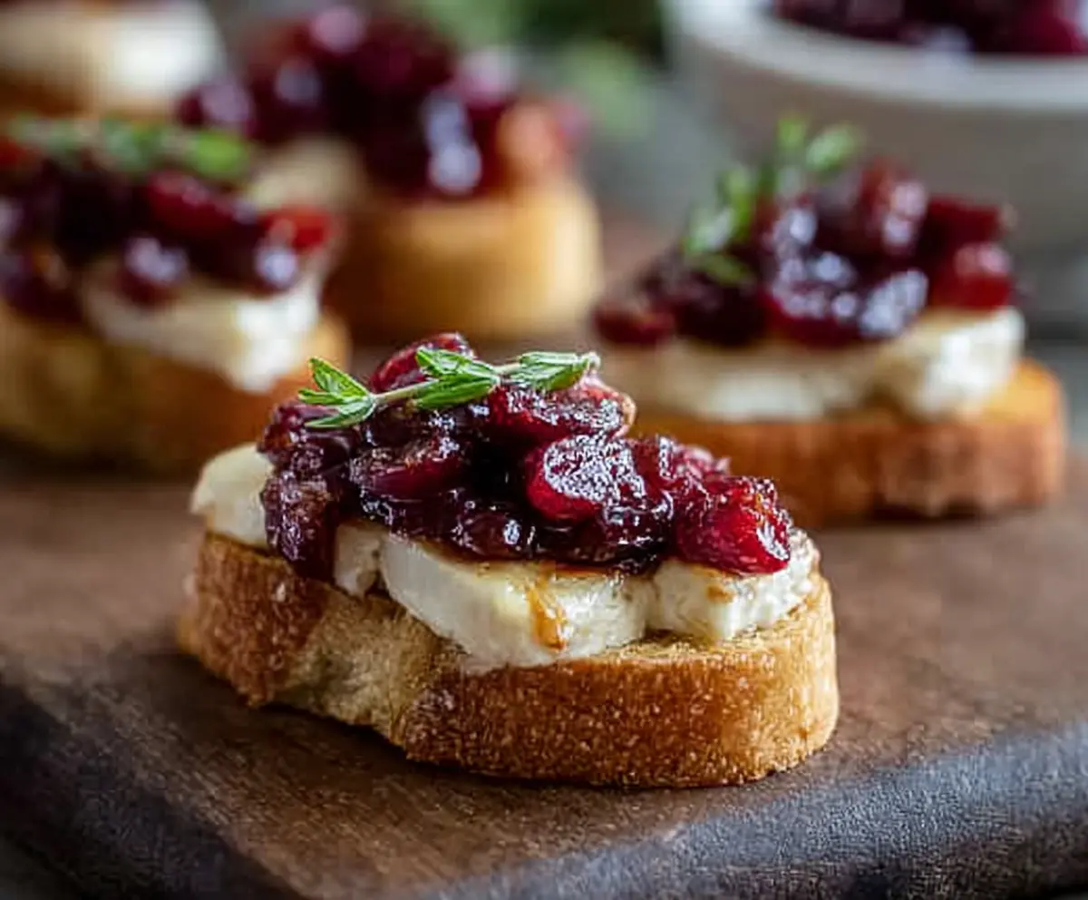 Cranberry Brie Toast served on a platter garnished with fresh herbs, perfect for appetizers or brunch.
