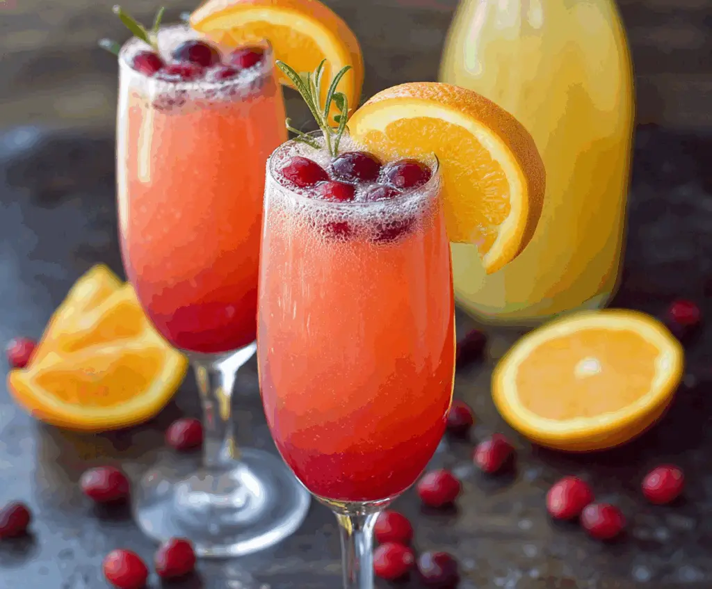 Refreshing Cranberry Orange Mimosa cocktail with fresh cranberries and orange slices