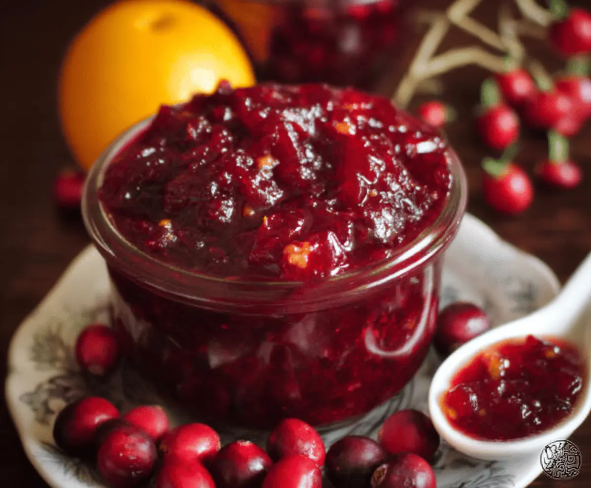 A jar of homemade cranberry sauce with orange marmalade garnished with fresh cranberries and orange slices.