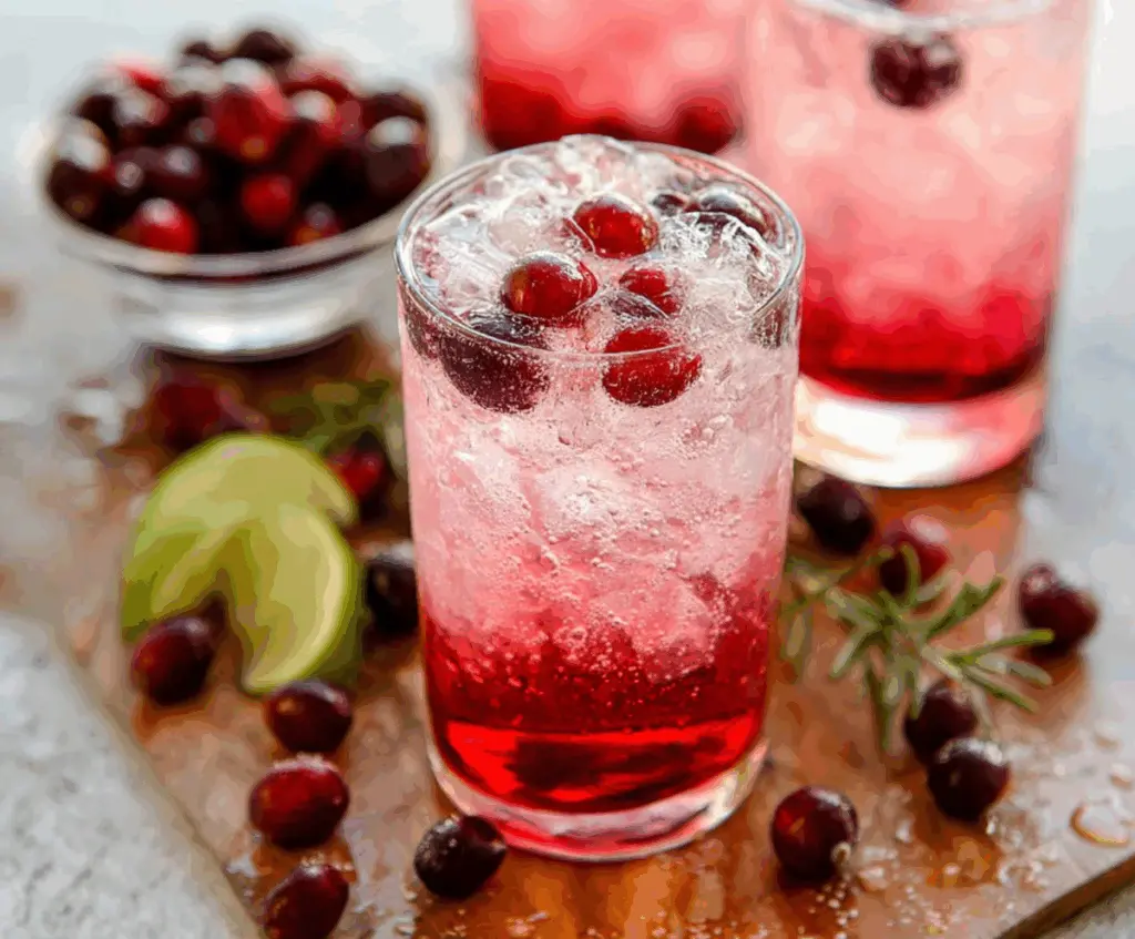 Refreshing Cranberry Vodka Spritzer garnished with fresh cranberries and lime slices.