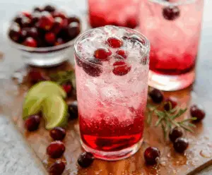 Refreshing Cranberry Vodka Spritzer garnished with fresh cranberries and lime slices.