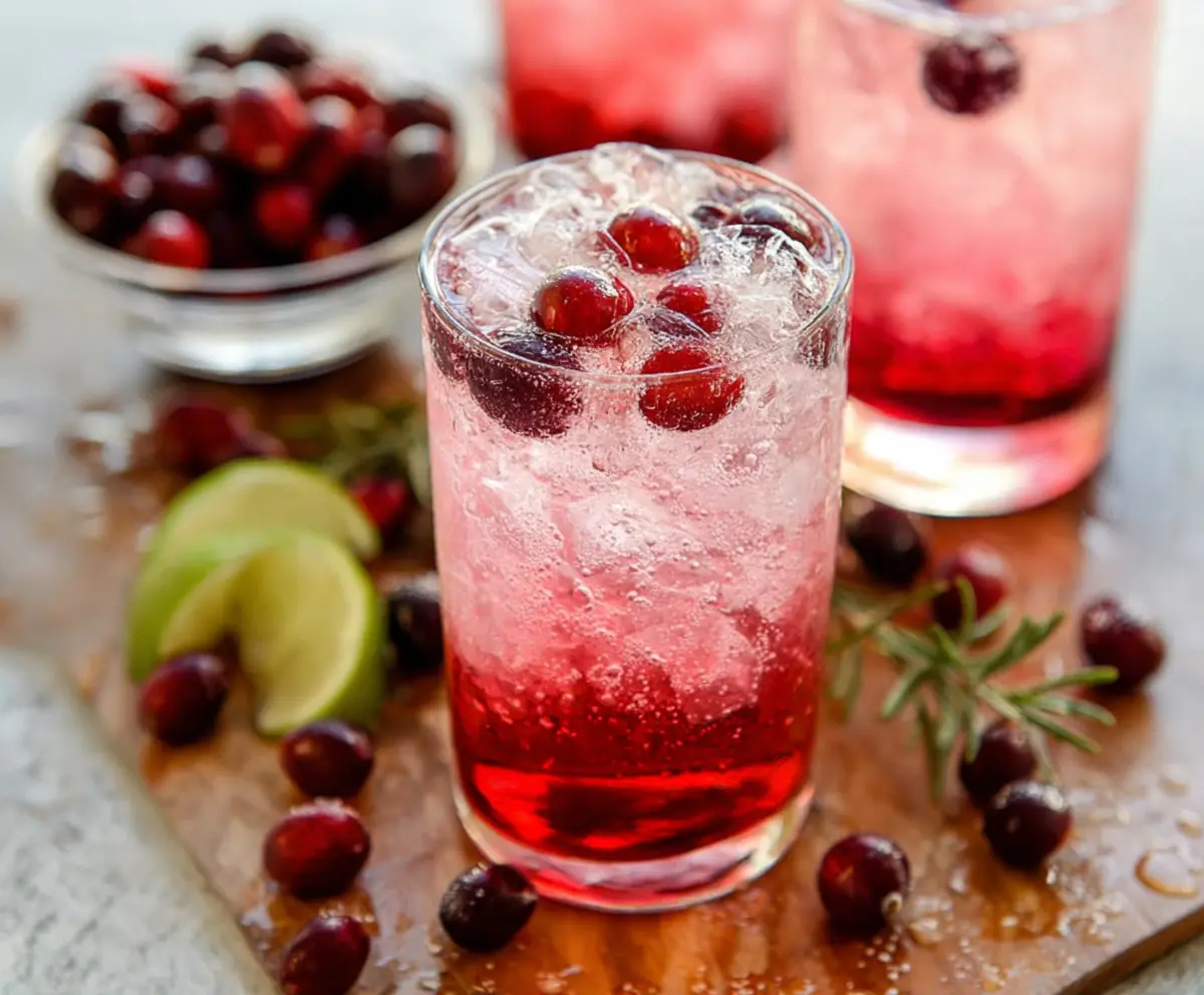 Refreshing Cranberry Vodka Spritzer garnished with fresh cranberries and lime slices.