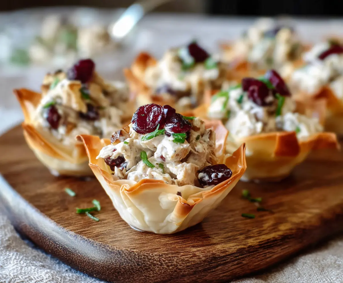 Delicious Cranberry Walnut Chicken Salad served in crispy Phyllo cups, perfect for appetizers or parties.
