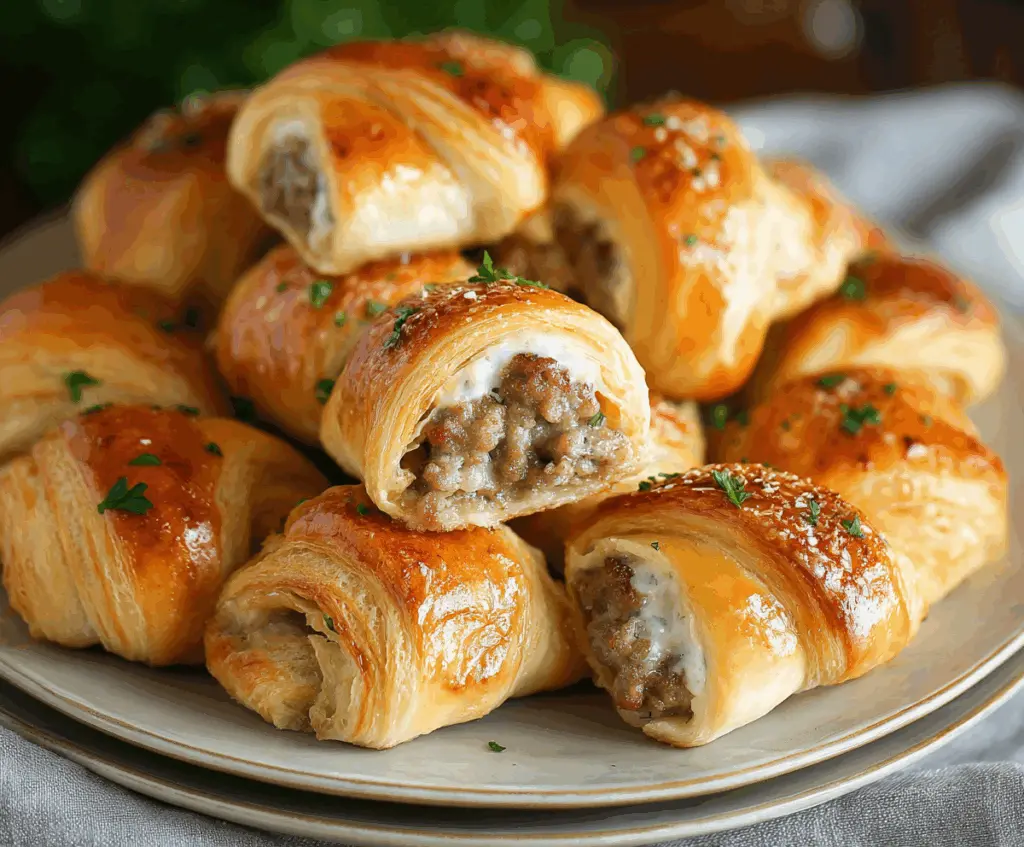 Delicious creamy sausage-stuffed crescent rolls fresh out of the oven, showcasing a golden, flaky crust filled with savory sausage and cheese.