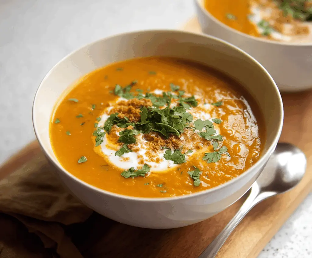 Creamy curried sweet potato soup garnished with fresh herbs in a bowl