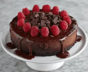 Delicious dark chocolate raspberry cheesecake with rich chocolate layers and fresh raspberry topping