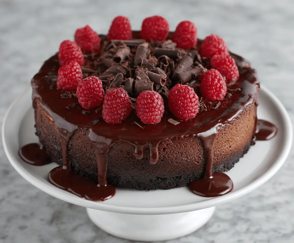 Delicious dark chocolate raspberry cheesecake with rich chocolate layers and fresh raspberry topping