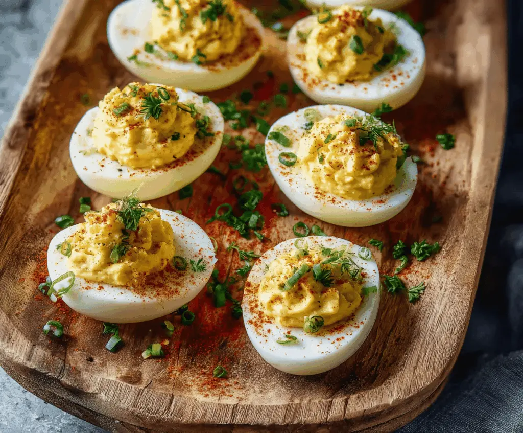 Delicious deviled eggs with mustard filling garnished for a party appetizer.