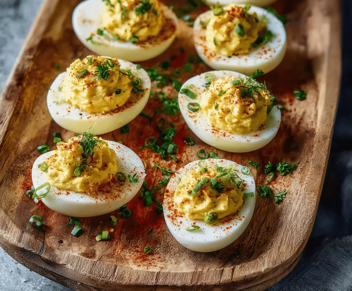 Delicious deviled eggs with mustard filling garnished for a party appetizer.
