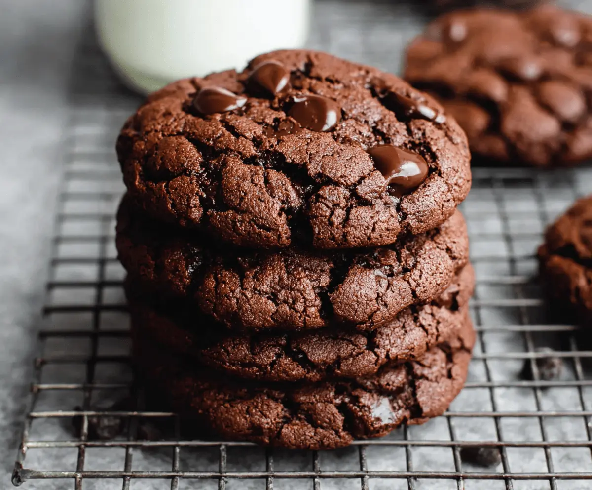 Delicious double chocolate chip cookies fresh out of the oven showcasing rich chocolate and gooey texture