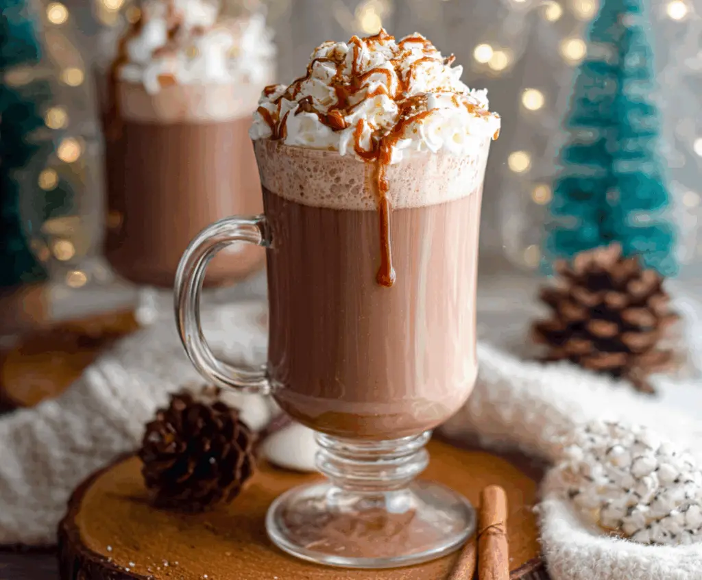 Warm and festive Eggnog Hot Chocolate in a cozy mug with whipped cream topping.