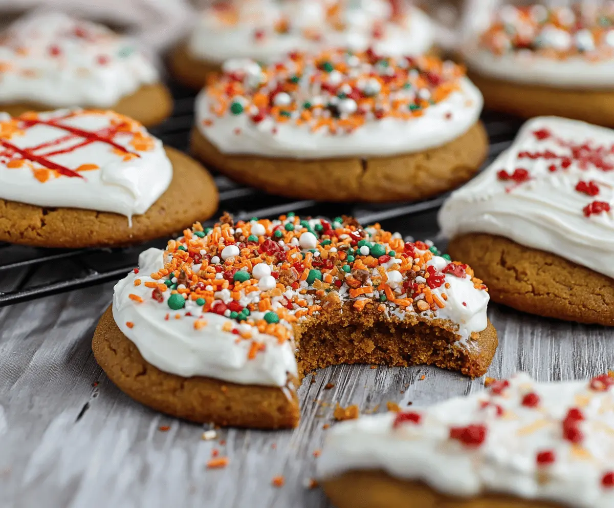 Frosted gingerbread cookies decorated with white icing on a festive plate.