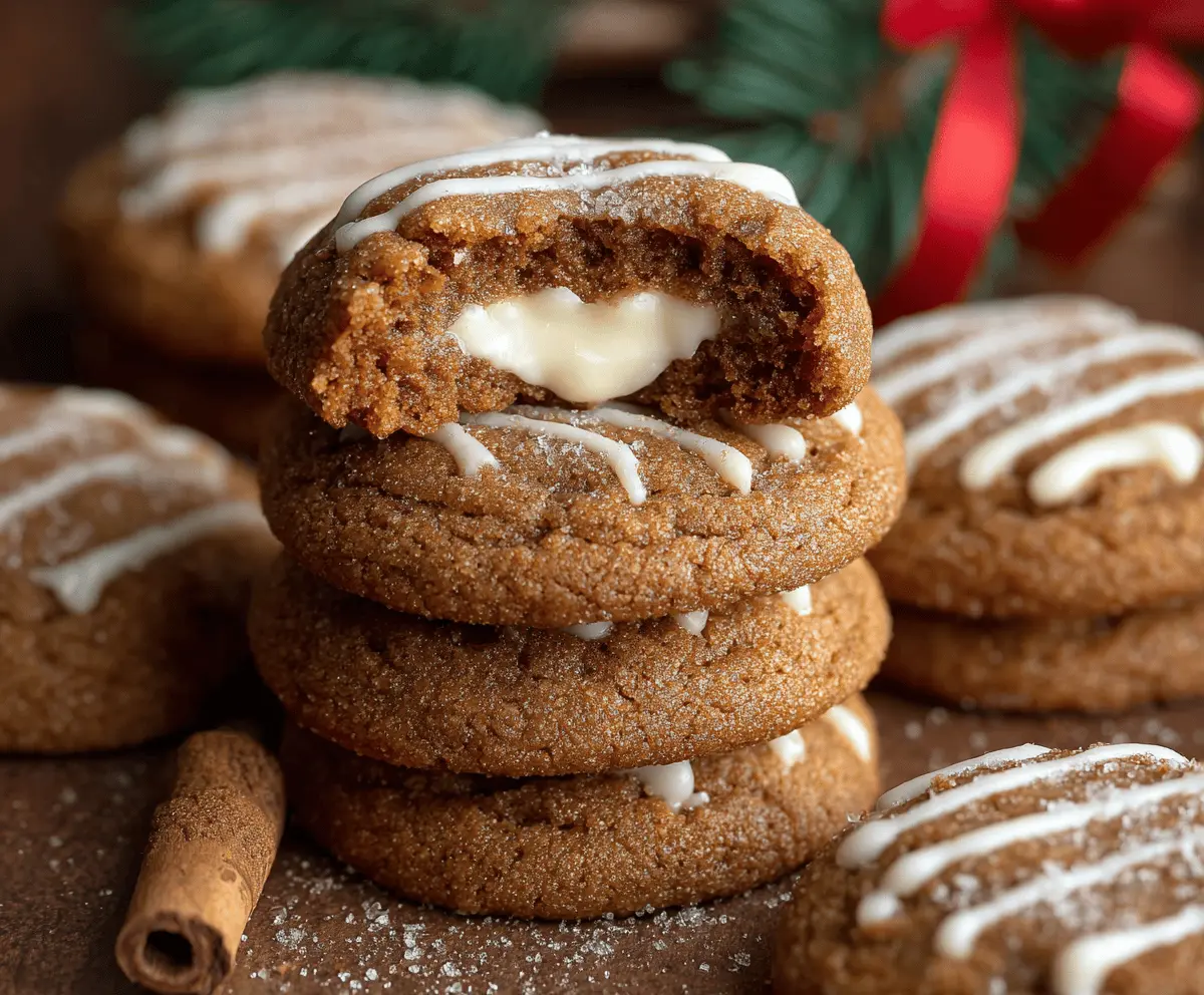 Delicious gingerbread cheesecake cookies arranged on a plate, with a festive holiday background.