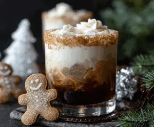 Delicious Gingerbread White Russian cocktail garnished with cinnamon and whipped cream.