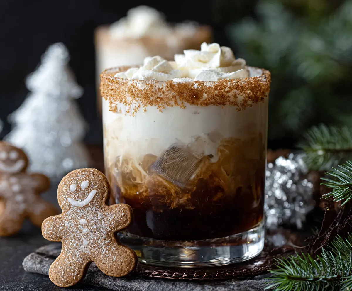 Delicious Gingerbread White Russian cocktail garnished with cinnamon and whipped cream.