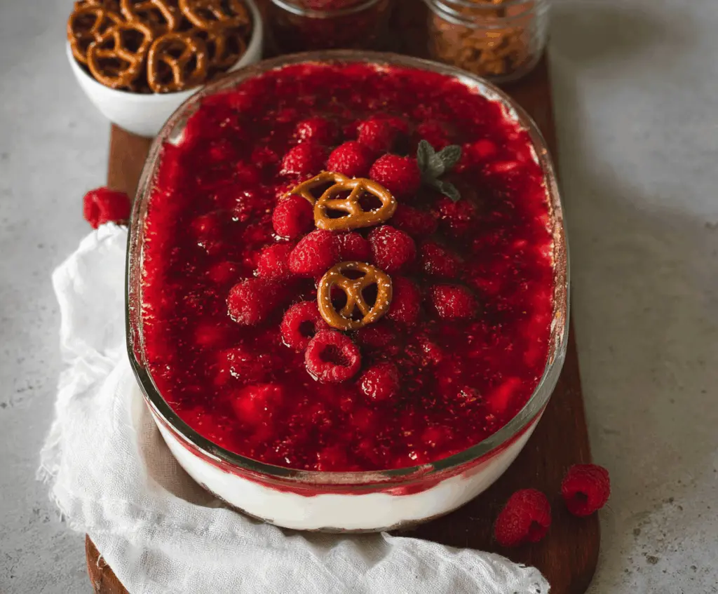Delicious gluten-free raspberry pretzel salad with fresh berries and crunchy pretzels on a white plate.