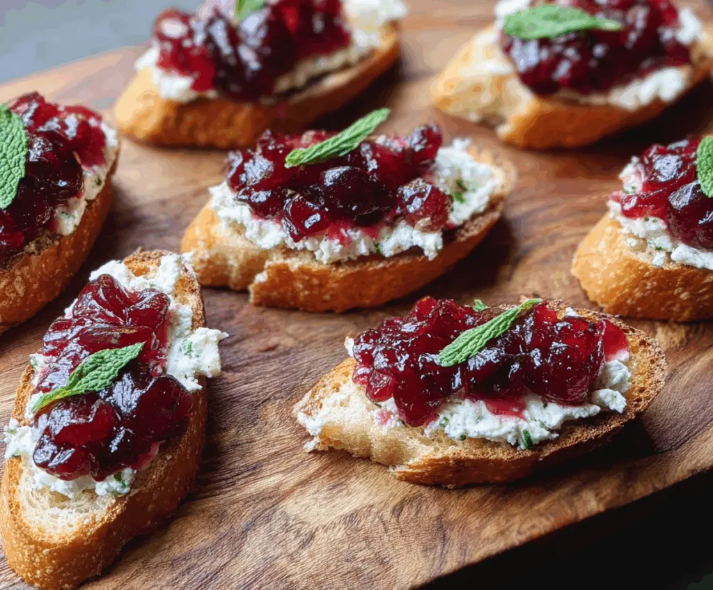 Delicious Goat Cheese Cranberry Crostini topped with fresh herbs on a platter