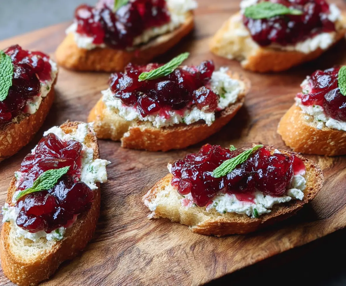 Delicious Goat Cheese Cranberry Crostini topped with fresh herbs on a platter