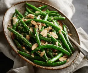 Delicious Green Bean Almondine dish with fresh green beans and toasted almonds served on a white plate.