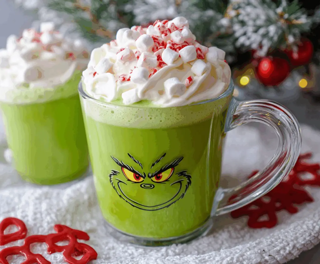 Festive Grinch-themed hot chocolate topped with green whipped cream and candy decorations.