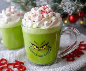 Festive Grinch-themed hot chocolate topped with green whipped cream and candy decorations.