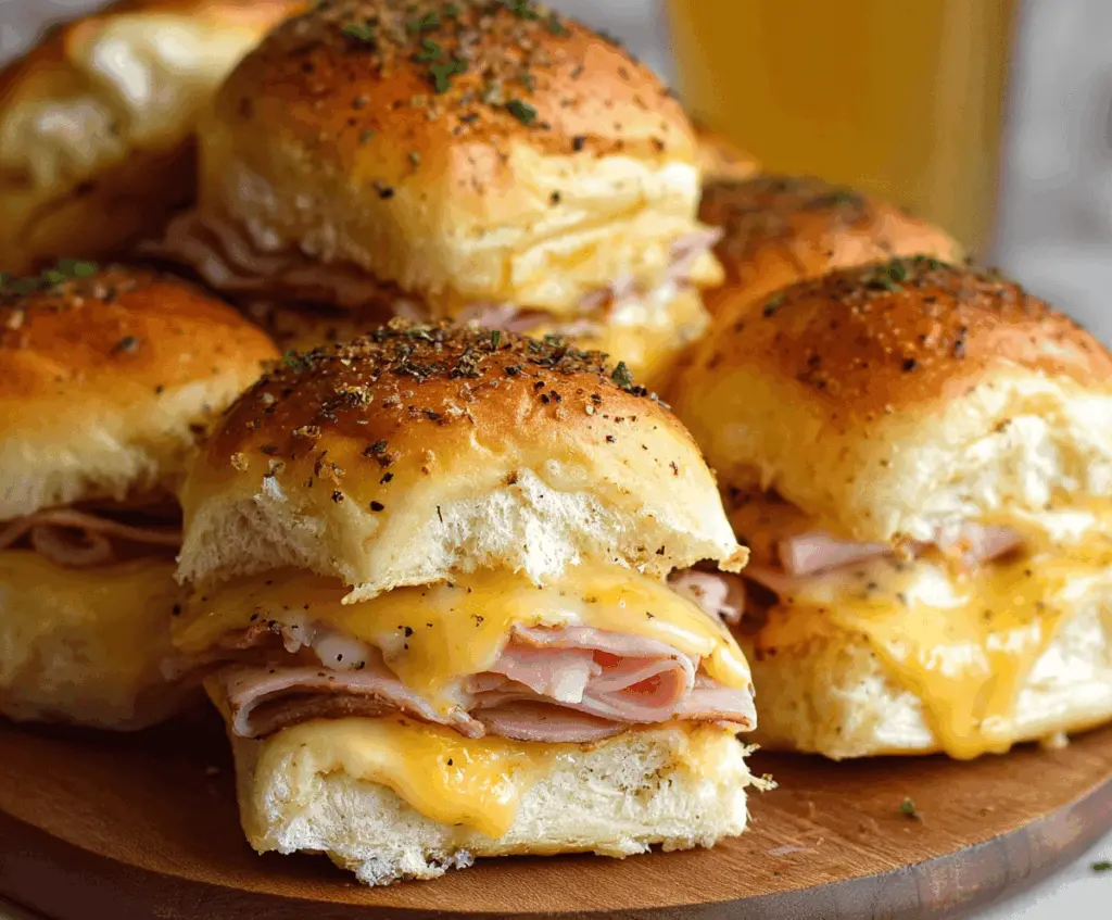Delicious ham and cheese sliders on a serving platter, perfect for lunch or parties.