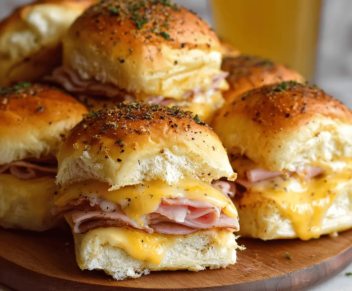 Delicious ham and cheese sliders on a serving platter, perfect for lunch or parties.
