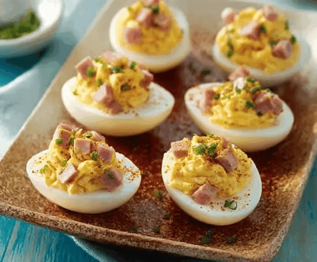 Creamy ham deviled eggs garnished with fresh herbs, perfect for appetizer gatherings.