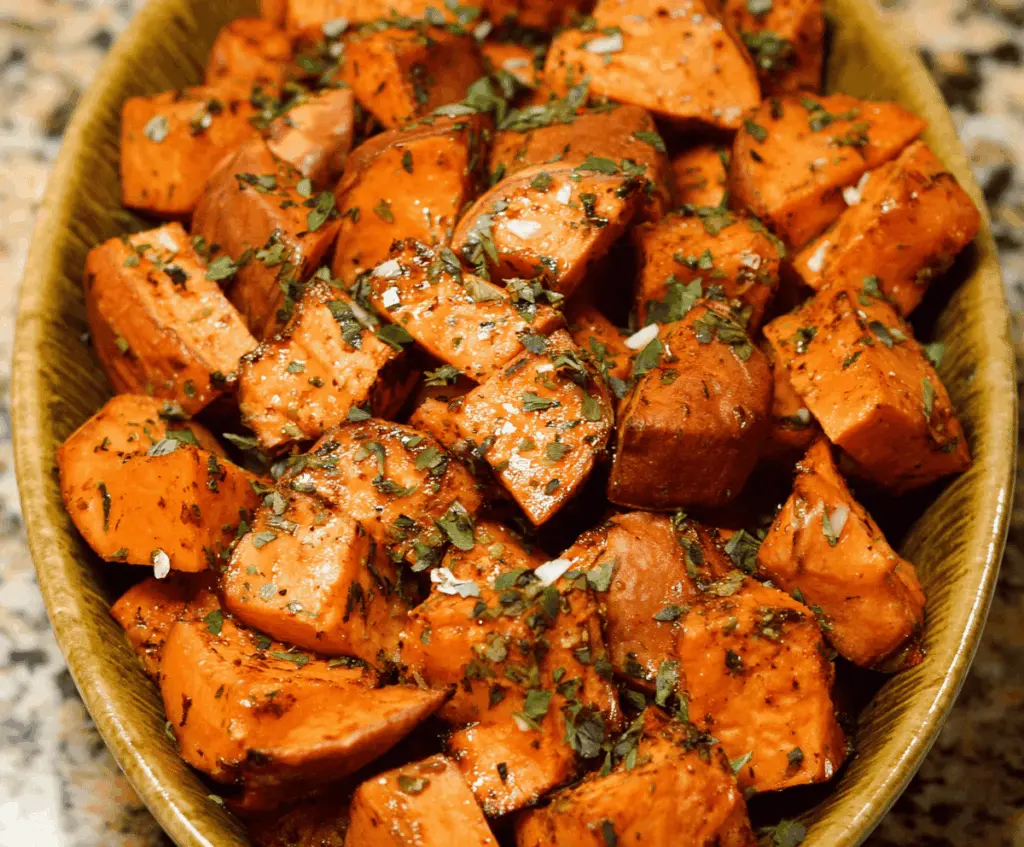 Delicious herb roasted sweet potatoes garnished with fresh herbs on a serving plate