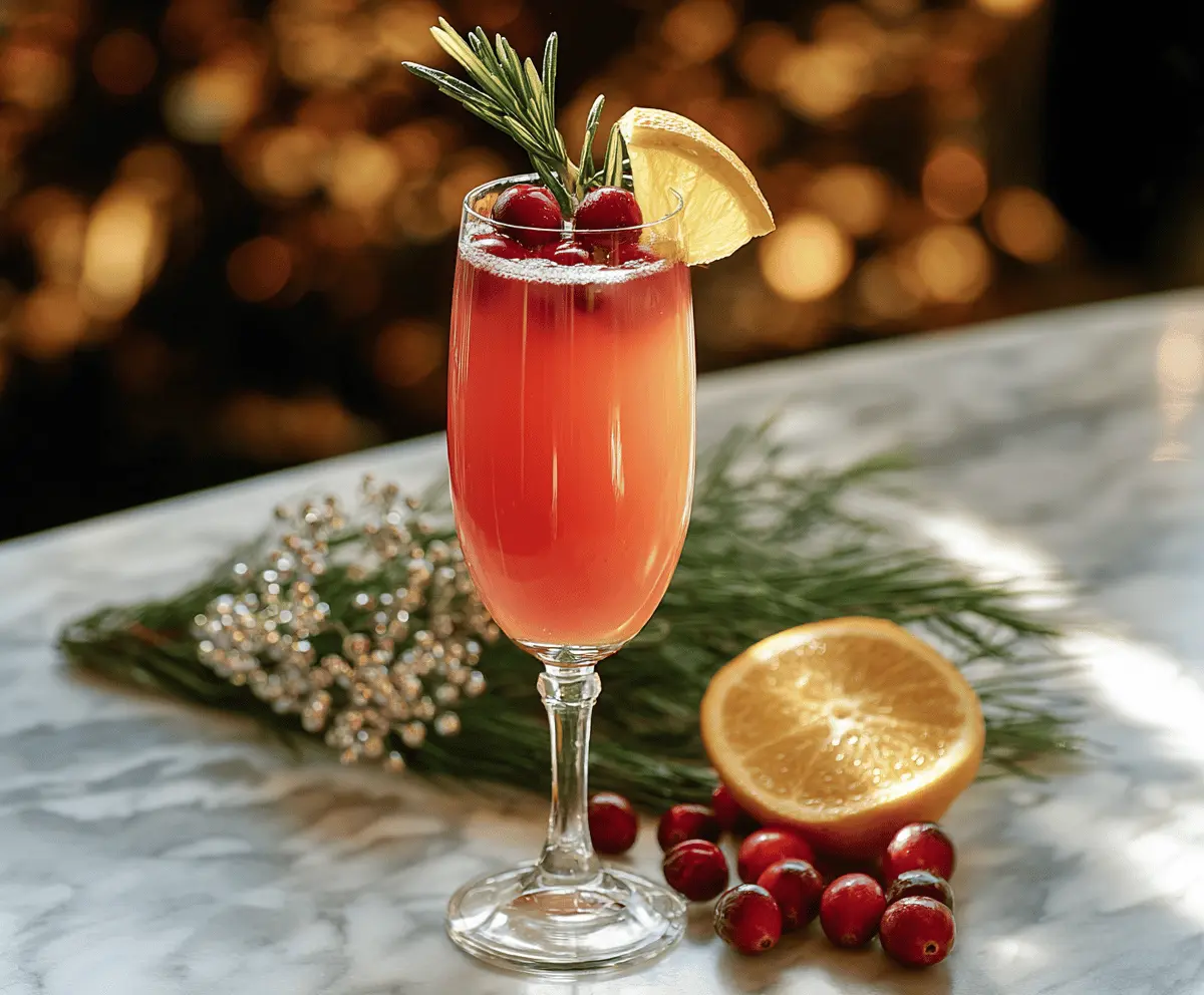 Festive Holly Jolly Mimosa cocktail with orange slices and mint garnish for holiday celebrations