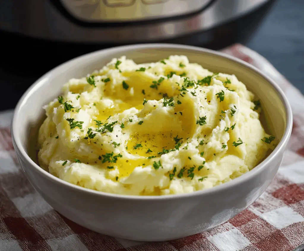 Creamy and fluffy Instant Pot mashed potatoes with butter and herbs served in a white bowl.