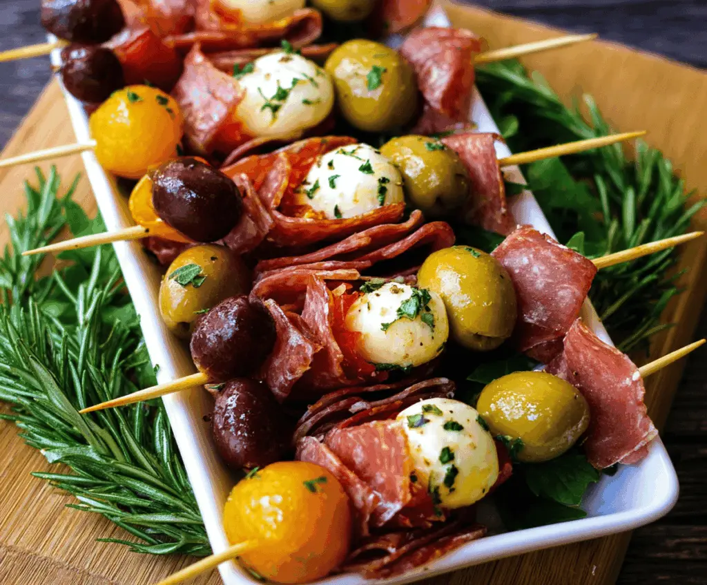 Colorful Italian antipasto skewers with fresh vegetables, cheese, and cured meats on wooden sticks.