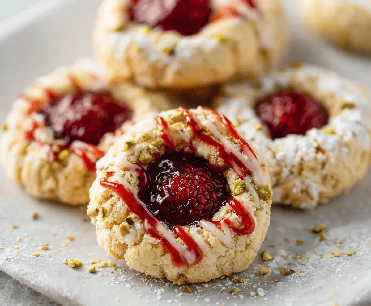 Delicious Italian Raspberry Thumbprint Cookies with raspberry jam filling and dusted with powdered sugar
