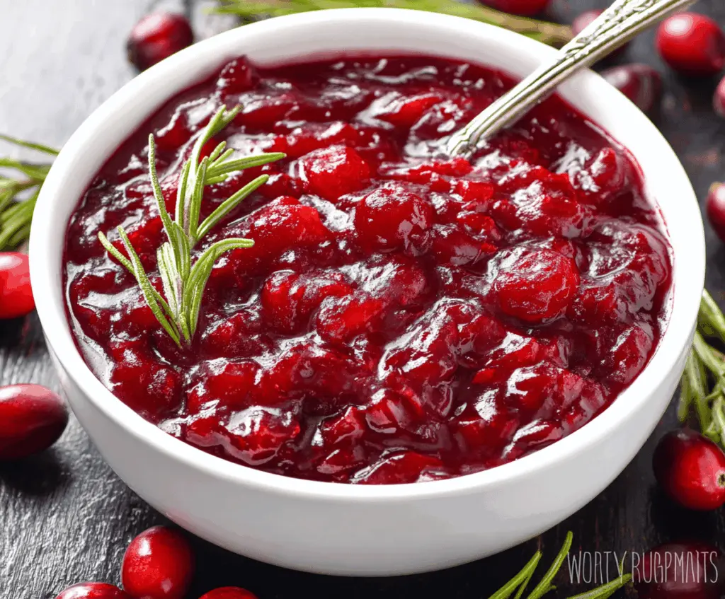 Keto cranberry sauce served in a glass jar, garnished with fresh cranberries and mint for a healthy holiday dessert.