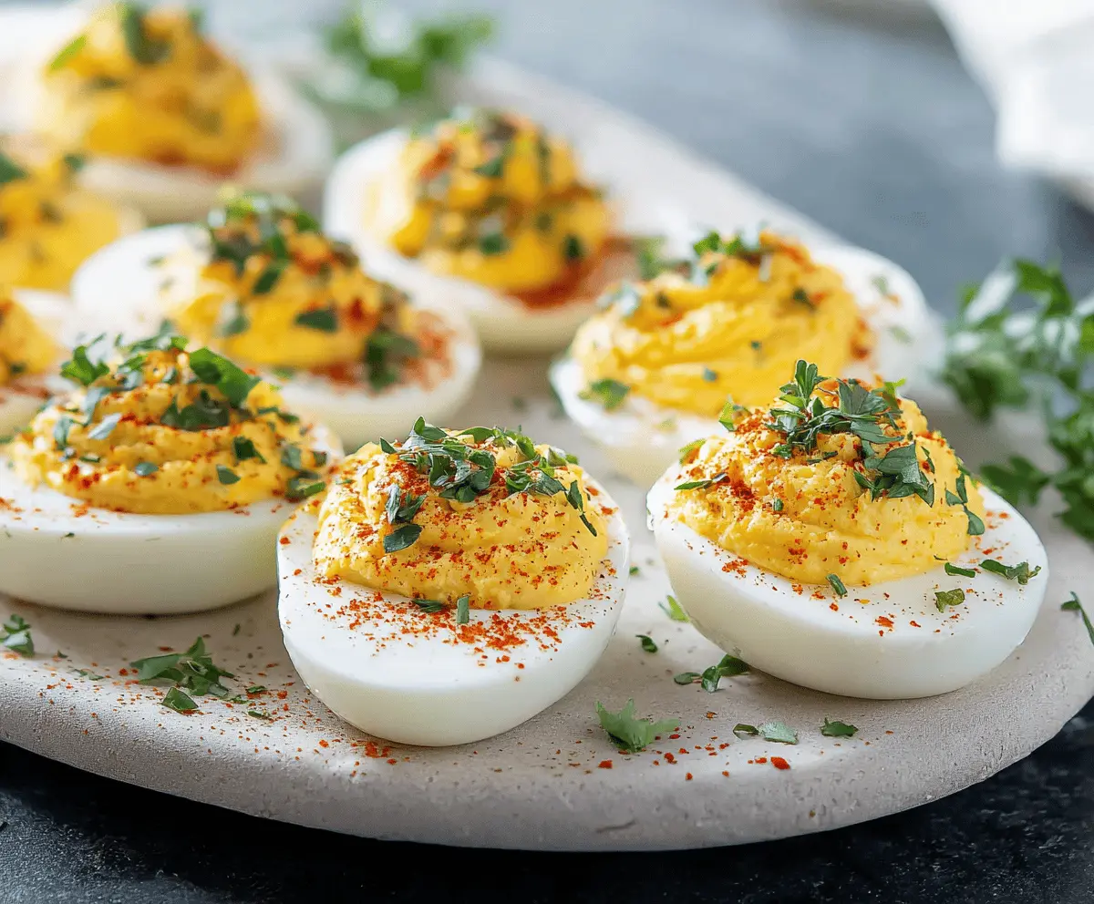 Keto deviled eggs garnished with paprika on a white plate, low-carb appetizer.