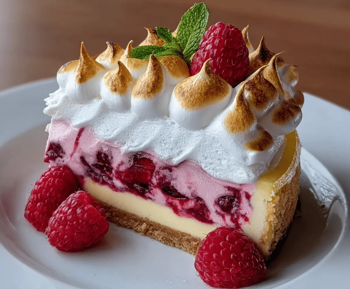 Delicious Lemon Raspberry Meringue Cheesecake with fresh berries and a fluffy meringue topping in a bakery setting