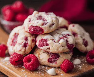 Delicious moist raspberry cookies fresh out of the oven with vibrant red raspberries.