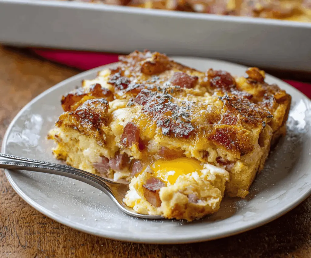 Delicious Monte Cristo Breakfast Casserole with melted cheese and toasted bread slices.