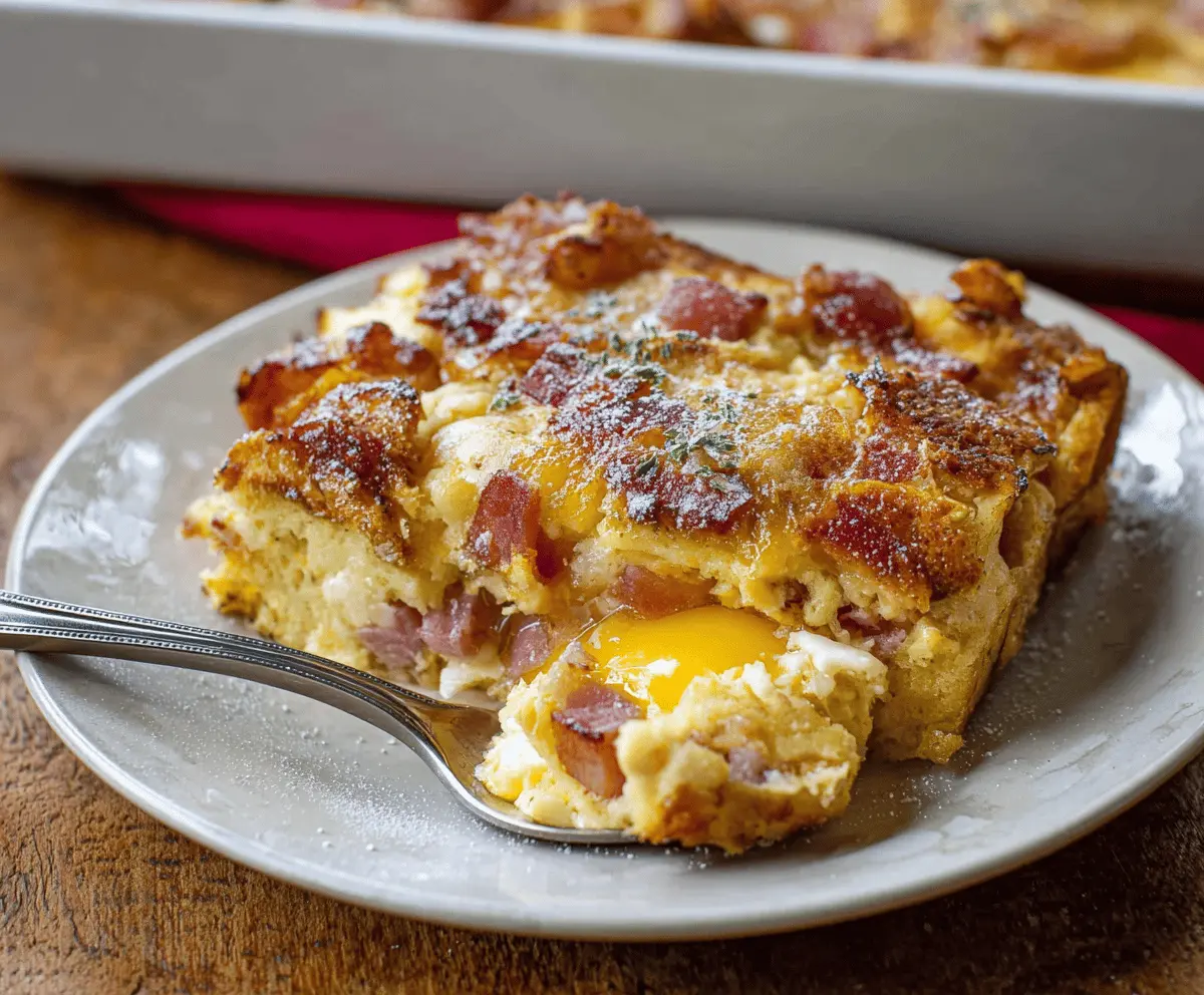 Delicious Monte Cristo Breakfast Casserole with melted cheese and toasted bread slices.