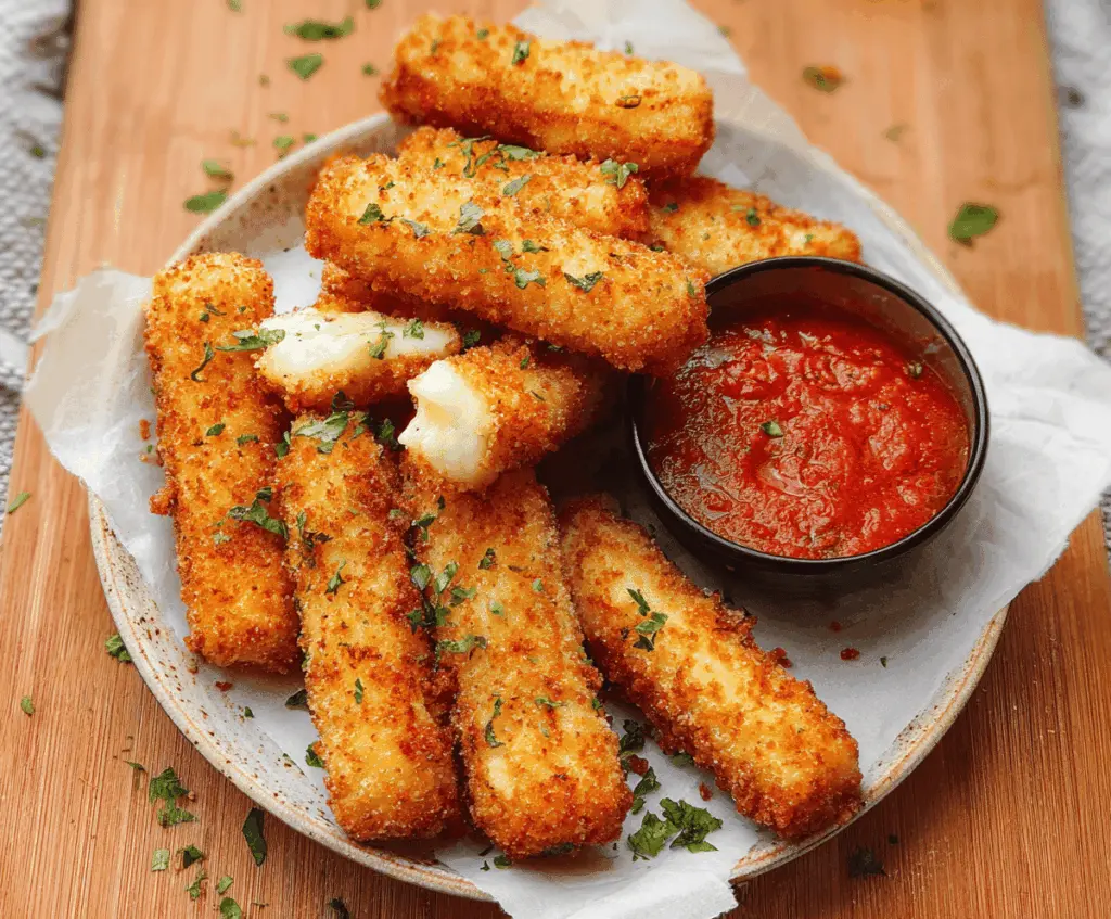 Golden crispy mozzarella sticks served with marinara sauce, perfect for snacking.