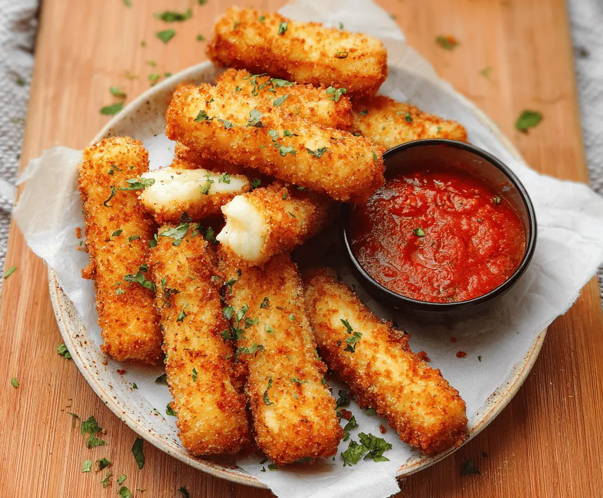 Golden crispy mozzarella sticks served with marinara sauce, perfect for snacking.