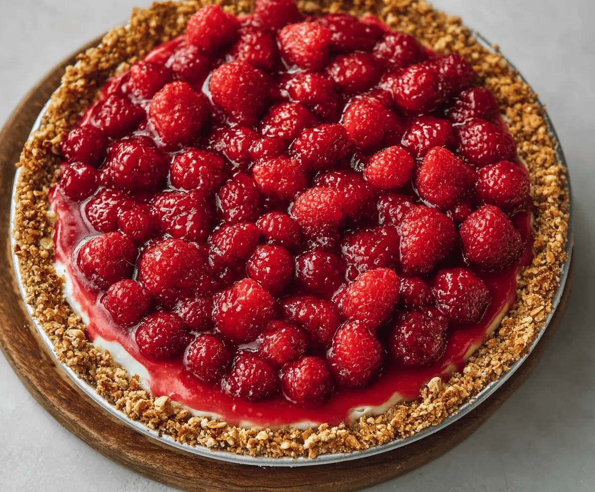 Delicious no-bake raspberry pretzel pie with a crunchy crust and fresh berry topping